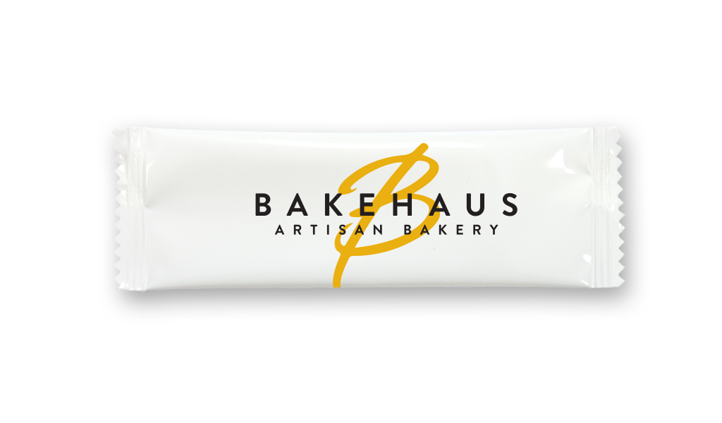 Custom-printed wet wipe flow pack sample — Bakehaus Artisan Bakery